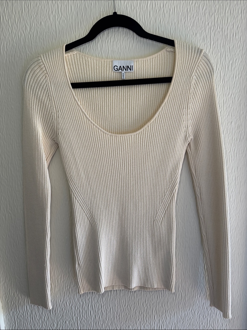 Ganni Cream Ribbed Scoop-Neck Long Sleeve Top